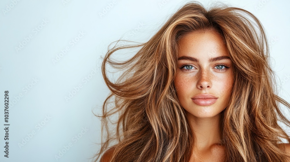A captivating portrait of a young woman with voluminous wild brown hair, showcasing her striking blue eyes against a light background. A captivating portrait of a young woman with voluminous wild brown hair, showcasing her striking blue eyes against a light background.