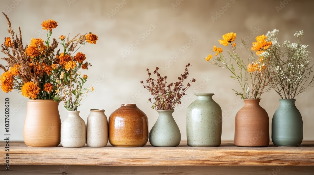 custom made wallpaper toronto digitalAn array of vases in different sizes featuring vibrant yellow flowers, placed on a wooden table, capturing a rustic essence and inviting a nostalgic feel.