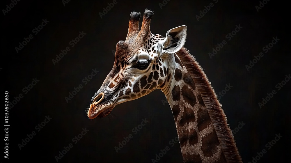 Obraz premium A giraffe is standing in front of a black background