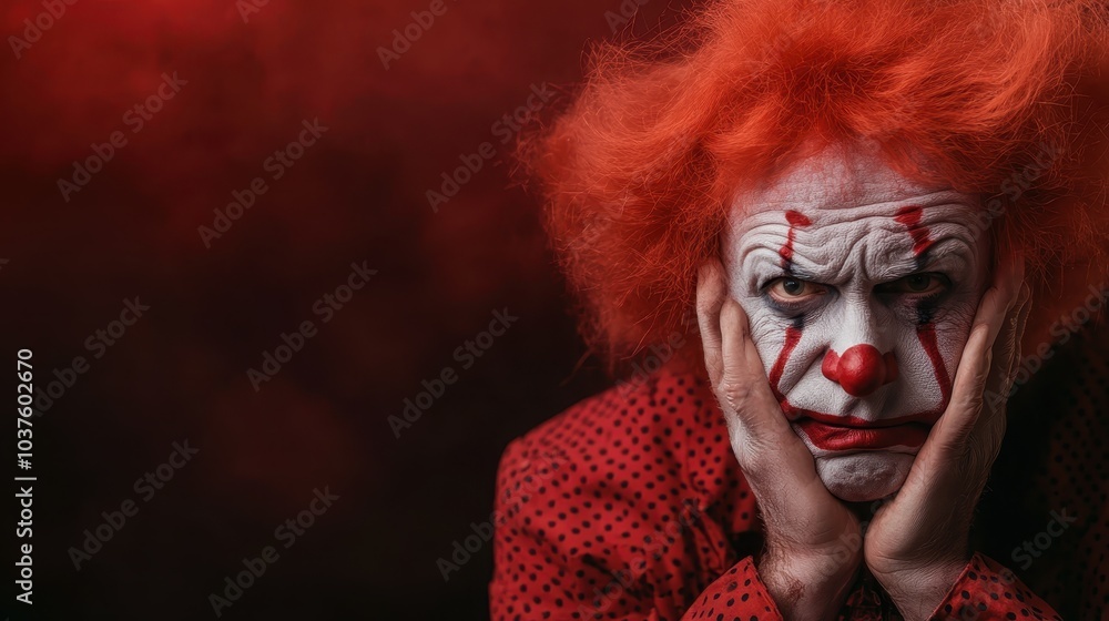 A clown with white face paint and red wig shows an intense expression against a red backdrop, evoking strong emotions such as curiosity and intrigue. A clown with white face paint and red wig shows an intense expression against a red backdrop, evoking strong emotions such as curiosity and intrigue.