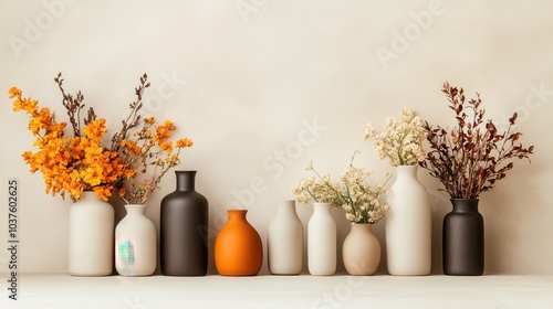 An elegant collection of vases arranged linearly, featuring vibrant orange and white floral arrangements, offering a perfect touch of minimalist home decor style. photo