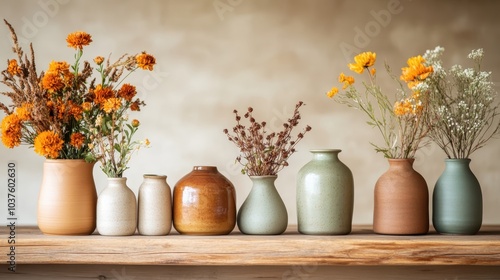Wallpaper Mural An array of vases in different sizes featuring vibrant yellow flowers, placed on a wooden table, capturing a rustic essence and inviting a nostalgic feel. Torontodigital.ca