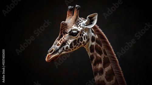 A giraffe is standing in front of a black background