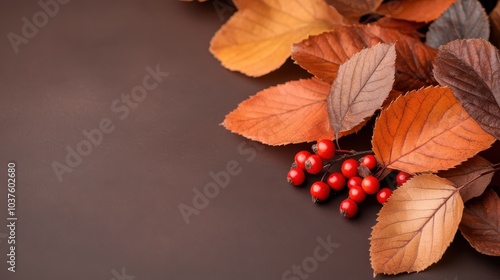 A close-up of vibrant autumn leaves and red berries against a plain background, evoking the essence of fall with warm hues and natural textures.