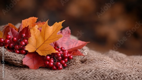 Surrounded by autumn leaves and berries on a burlap sack, this image captures the rustic charm of fall with its earthy textures and warm colors.