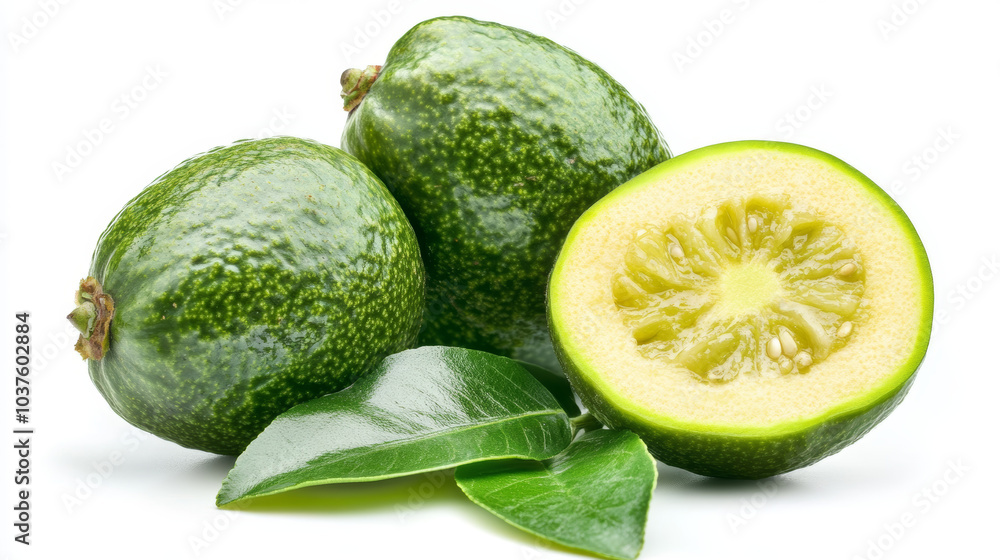 Feijoa fruits with green leaves and a slice of feijoa, beautifully arranged and isolated on a white background, showcasing their vibrant color and texture.






