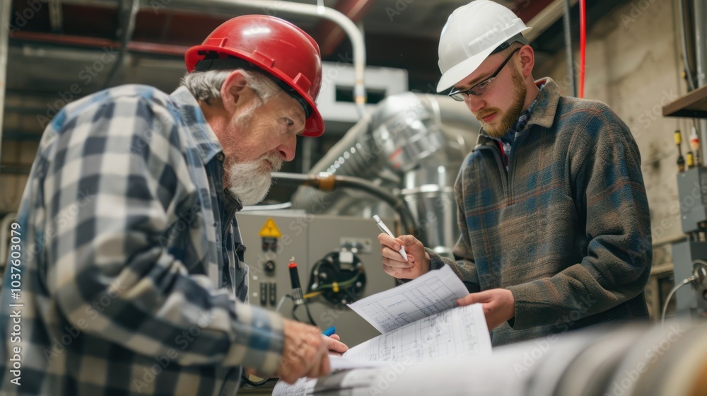 Two Workers Inspecting a Blueprint Two Workers Inspecting a Blueprint