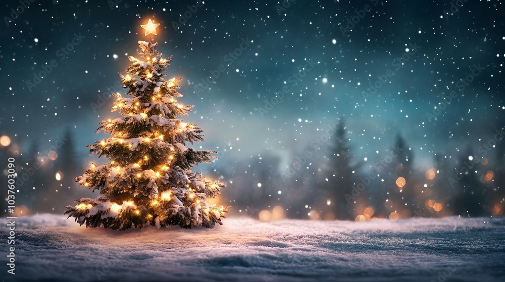 A Single Christmas Tree Illuminated with Fairy Lights in a Snowy Forest at Night
