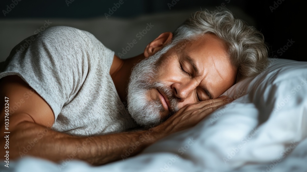 A middle-aged man with a beard sleeps peacefully on his side in bed, enveloped in soft blankets in a cozy and calming bedroom setting at night. A middle-aged man with a beard sleeps peacefully on his side in bed, enveloped in soft blankets in a cozy and calming bedroom setting at night.