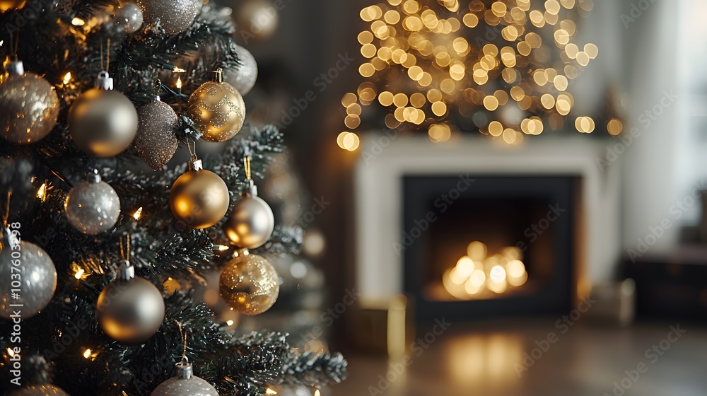 Christmas tree adorned with gold and silver ornaments, with a fireplace and blurred lights in the background. Christmas tree adorned with gold and silver ornaments, with a fireplace and blurred lights in the background.