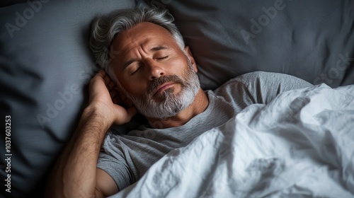 A mature man with graying hair sleeps serenely on a soft pillow under a cozy blanket in a tranquil bedroom setting, embodying peace and relaxation at night. photo