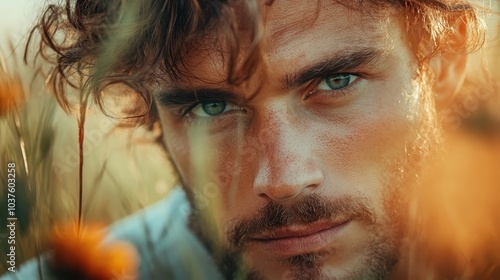 A young man with striking blue eyes and tousled hair gazes intensely while surrounded by orange flowers, exuding both mystery and depth in natural light.