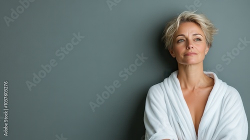 A woman with short blonde hair and a white robe gazes pensively to the side, evoking feelings of thoughtfulness and introspection with a peaceful aura.