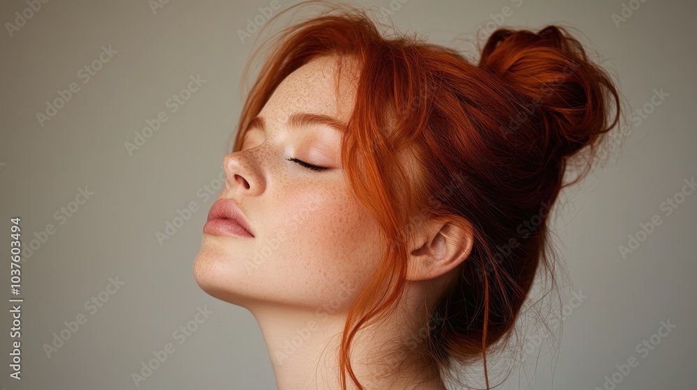 An elegant red-haired woman with her eyes closed is posed gracefully in serene contemplation, showcasing her natural beauty and tranquility in a classic portrait style. An elegant red-haired woman with her eyes closed is posed gracefully in serene contemplation, showcasing her natural beauty and tranquility in a classic portrait style.