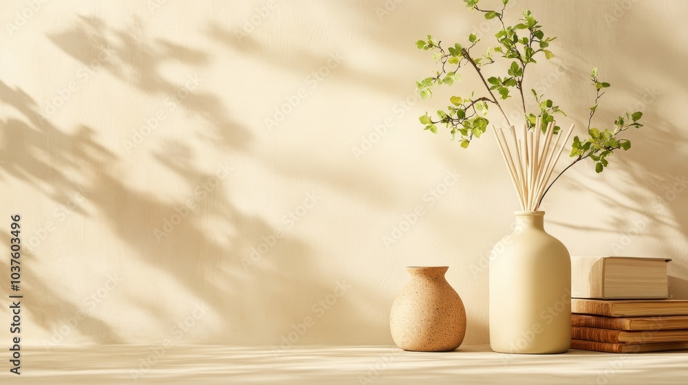 Stylish home interior showcasing a tranquil atmosphere with a white vase holding green branches, complemented by books and soft shadows on a beige wall. Stylish home interior showcasing a tranquil atmosphere with a white vase holding green branches, complemented by books and soft shadows on a beige wall.