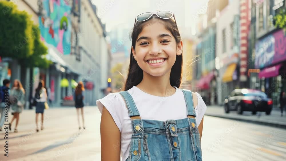 Teenaged Chinese girl with a stylish outfit and a cheerful grin. Video Teenaged Chinese girl with a stylish outfit and a cheerful grin. Video