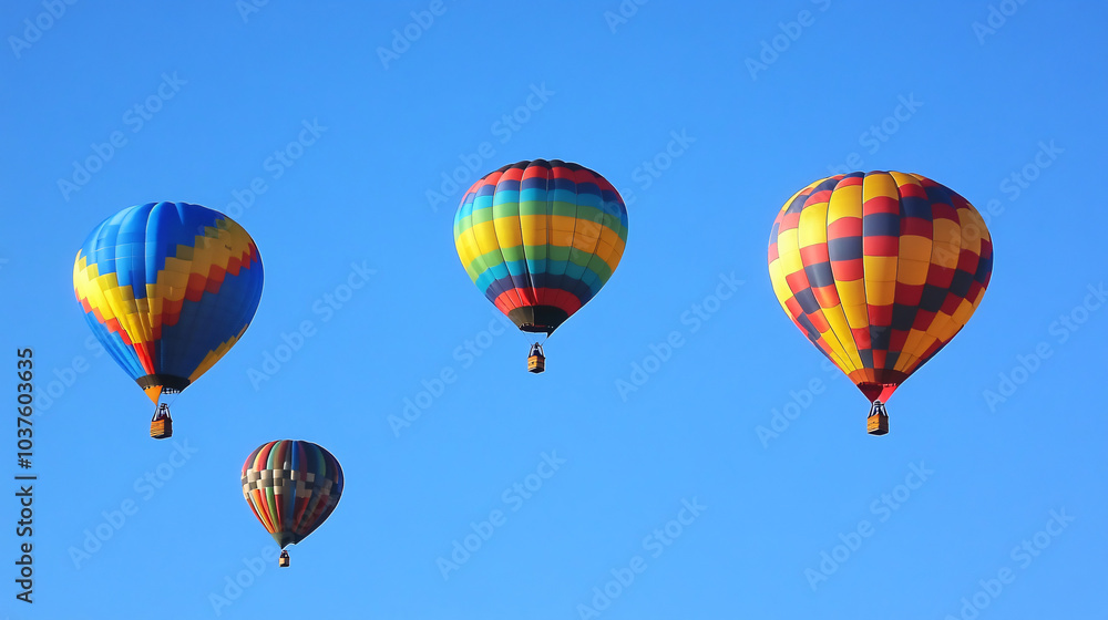 Naklejka premium A group of hot air balloons rising into a clear blue sky.