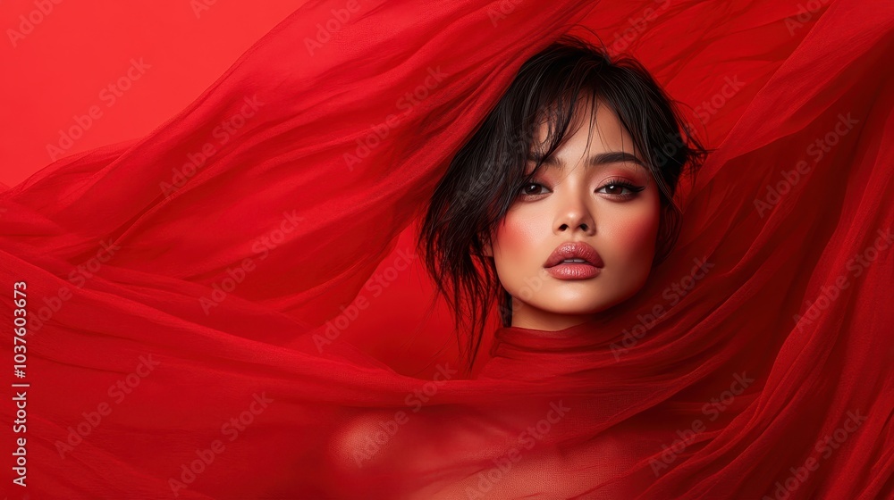 A captivating image of a woman with a confident expression, surrounded by bold red fabric, highlighting her features and creating a striking visual impact.