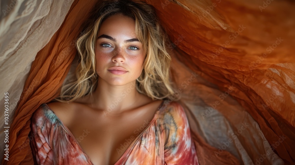 A serene woman with flowing hair sits enveloped by warm-toned, earthy orange and brown drapes, exuding a calm and effortless elegance. A serene woman with flowing hair sits enveloped by warm-toned, earthy orange and brown drapes, exuding a calm and effortless elegance.