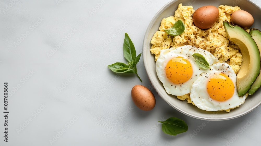 A delicious breakfast bowl featuring two fried eggs, sliced avocado, garnished with fresh basil leaves and whole eggs, presented in a light-colored dish. A delicious breakfast bowl featuring two fried eggs, sliced avocado, garnished with fresh basil leaves and whole eggs, presented in a light-colored dish.