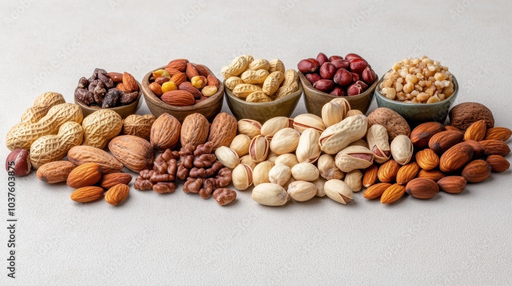 A visually appealing arrangement of various nuts in small bowls including almonds, peanuts, and seeds, captured in a balanced composition highlighting diversity in textures. A visually appealing arrangement of various nuts in small bowls including almonds, peanuts, and seeds, captured in a balanced composition highlighting diversity in textures.