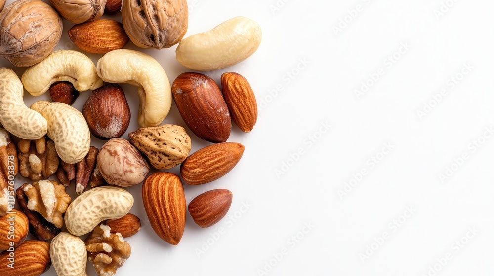 A scattered arrangement of diverse nuts including walnuts, almonds, and cashews against a white background, emphasizing the variety and natural textures of the nuts. A scattered arrangement of diverse nuts including walnuts, almonds, and cashews against a white background, emphasizing the variety and natural textures of the nuts.
