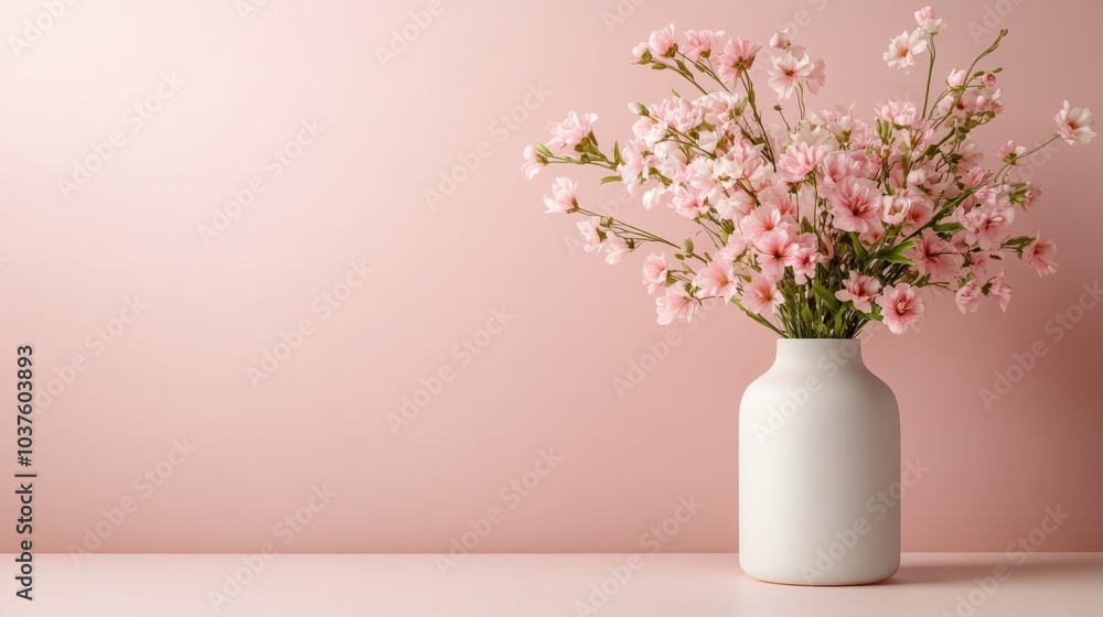 A lush bouquet of soft pink flowers elegantly arranged in a white ceramic jar, creating a sophisticated and serene scene with a gentle touch of minimalist charm. A lush bouquet of soft pink flowers elegantly arranged in a white ceramic jar, creating a sophisticated and serene scene with a gentle touch of minimalist charm.