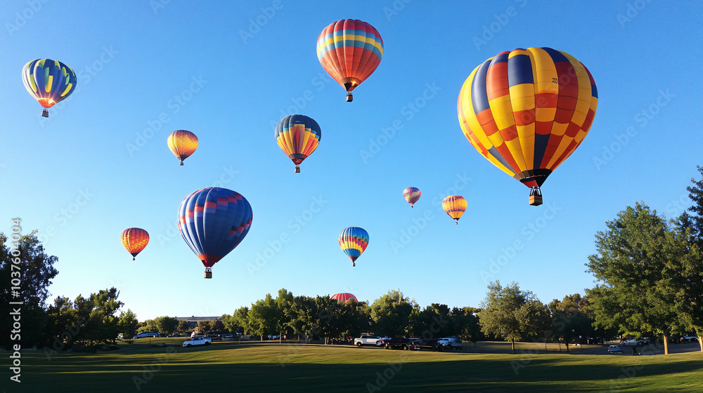 Obraz premium A group of hot air balloons rising into a clear blue sky.