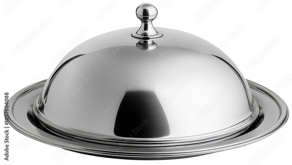 Obraz premium Silver cloche and elegant tray with shiny metal restaurant and polished dish plate serving cover isolated, luxury dining with gleaming steel service