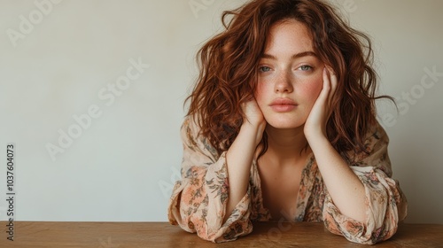 A woman with striking red hair gazes thoughtfully at the camera, hands resting on her face, against a neutral background, evoking contemplation. photo