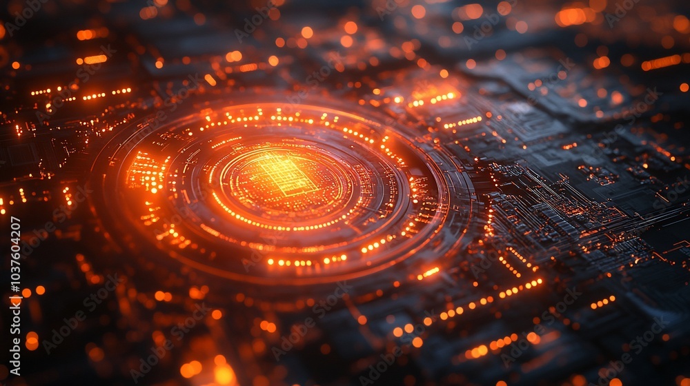 Abstract glowing circuit board with a central processing unit in the center. Abstract glowing circuit board with a central processing unit in the center.