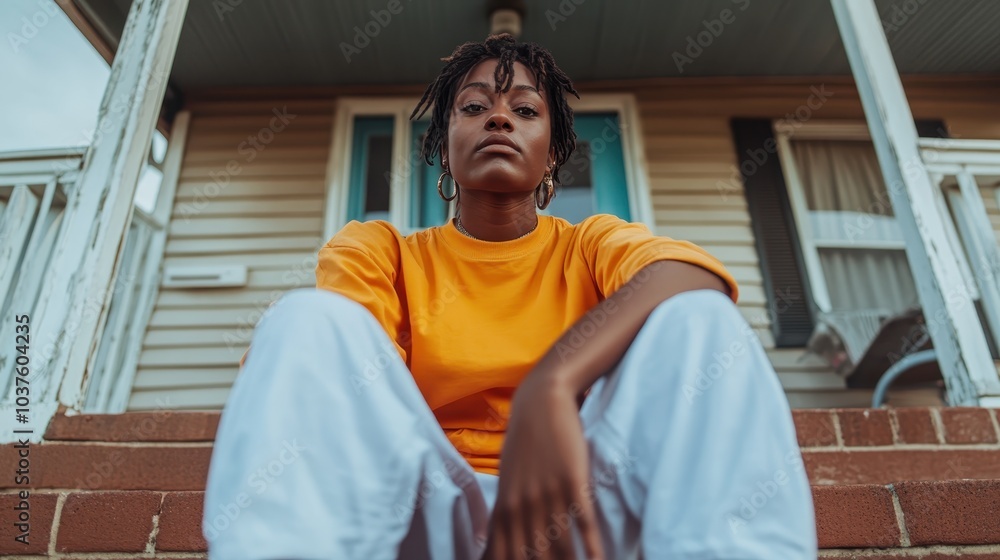 A woman in an orange shirt is seated with a contemplative expression on porch steps, conveying a mood of introspection in a calm suburban environment. A woman in an orange shirt is seated with a contemplative expression on porch steps, conveying a mood of introspection in a calm suburban environment.