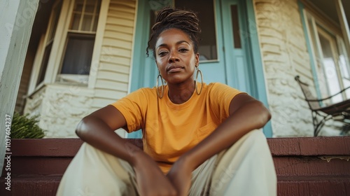 A woman, dressed casually in an orange shirt, sits relaxedly on the steps of a porch, exuding confidence and calmness in a domestic outdoor setting.