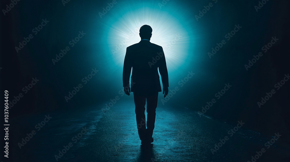 Businessman dark and glowing bright with mysterious light future and bold silhouette way exit alone leadership, professional success with confident modern journey Businessman dark and glowing bright with mysterious light future and bold silhouette way exit alone leadership, professional success with confident modern journey