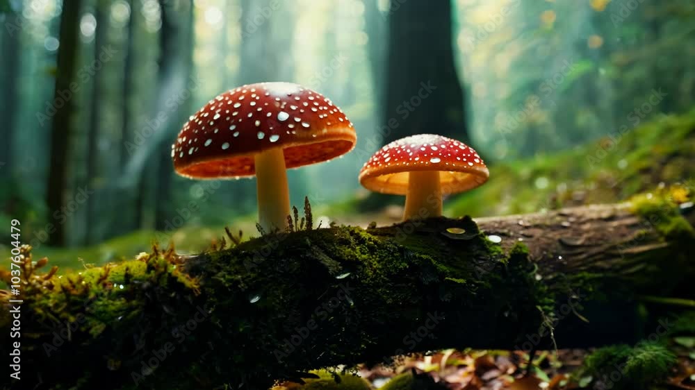 A cluster of mushrooms and toadstools growing under a mossy log in the forest. Video A cluster of mushrooms and toadstools growing under a mossy log in the forest. Video