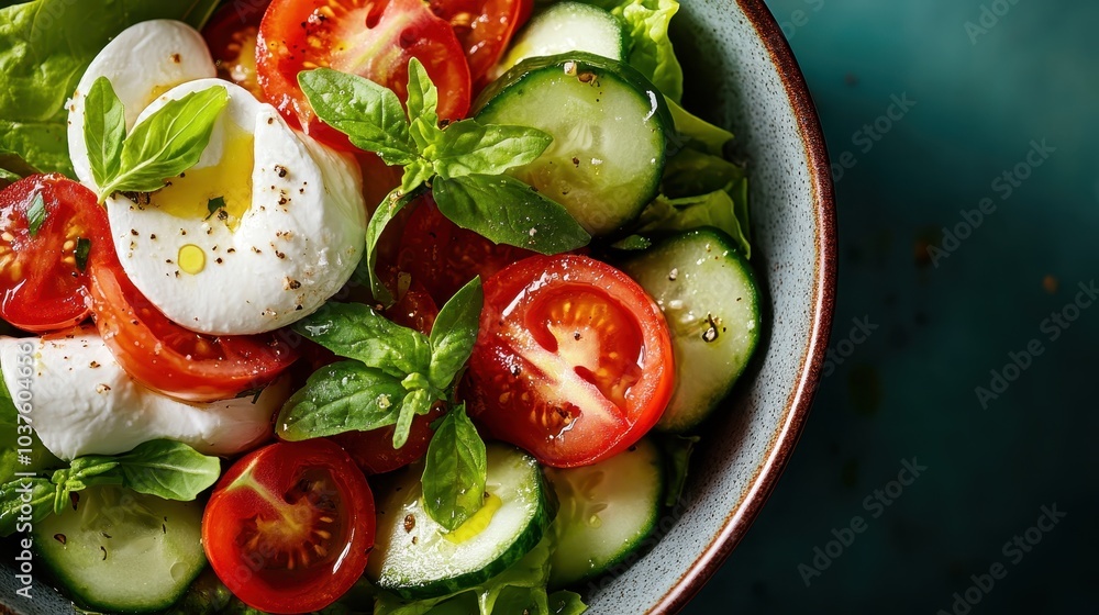 A crisp Caprese salad featuring fresh basil leaves, juicy cherry tomatoes, and creamy mozzarella balls, drizzled with olive oil for a refreshing taste delight. A crisp Caprese salad featuring fresh basil leaves, juicy cherry tomatoes, and creamy mozzarella balls, drizzled with olive oil for a refreshing taste delight.