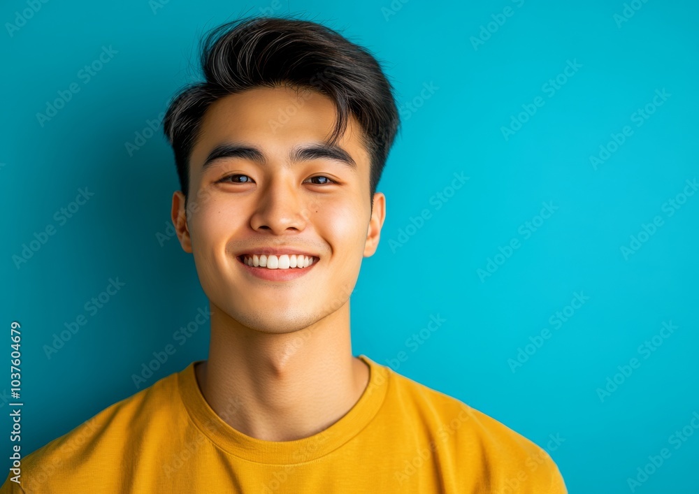 Smiling Asian Man in Yellow Shirt Against Blue Background Smiling Asian Man in Yellow Shirt Against Blue Background