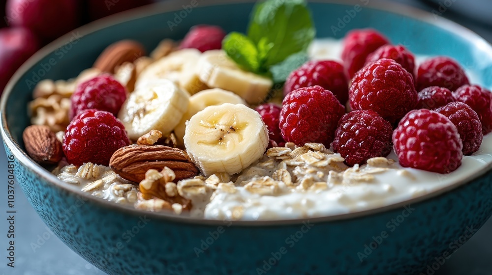 A vibrant bowl of oatmeal topped with bananas, raspberries, almonds, and mint, offering a nutritious and delicious breakfast option for any health enthusiast. A vibrant bowl of oatmeal topped with bananas, raspberries, almonds, and mint, offering a nutritious and delicious breakfast option for any health enthusiast.