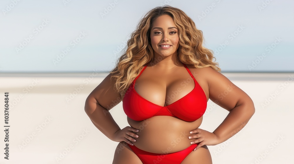 Confident plus-size woman in a vibrant red bikini enjoys a sunny day at the beach, radiating positivity and self-love Confident plus-size woman in a vibrant red bikini enjoys a sunny day at the beach, radiating positivity and self-love