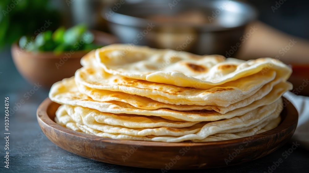 An appetizing stack of freshly made flatbreads neatly arranged on a wooden serving plate, ready to complement a variety of delicious and hearty meals. An appetizing stack of freshly made flatbreads neatly arranged on a wooden serving plate, ready to complement a variety of delicious and hearty meals.