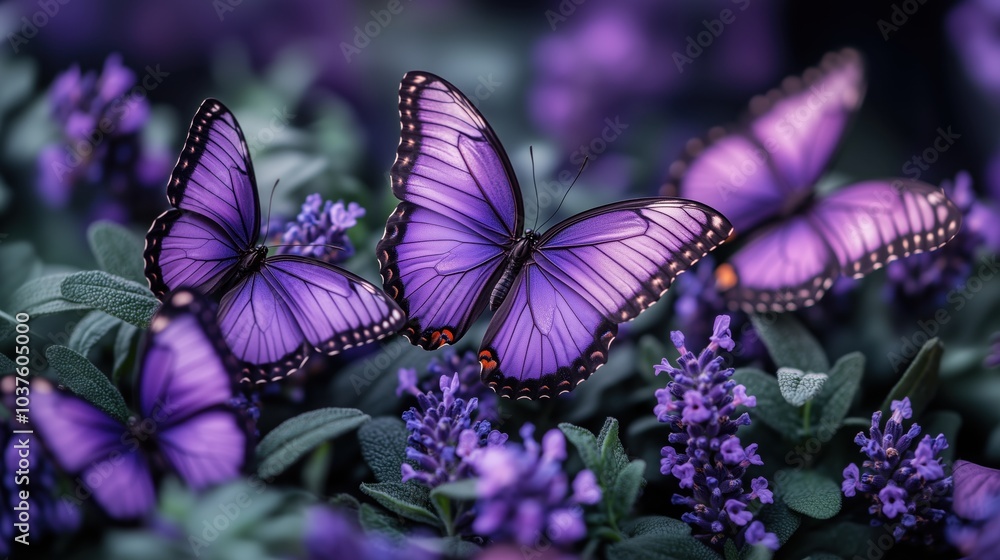 A captivating gathering of deep purple and lavender butterflies amidst lush greenery in a fairytale-like setting A captivating gathering of deep purple and lavender butterflies amidst lush greenery in a fairytale-like setting