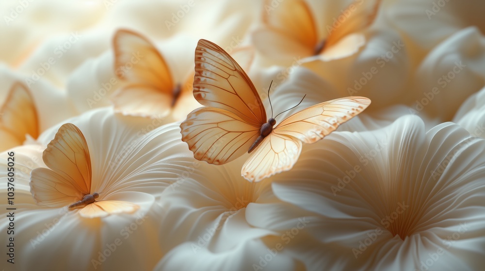 A mesmerizing display of golden and yellow butterflies gracefully perched on luxurious white satin petals at dawn's soft embrace A mesmerizing display of golden and yellow butterflies gracefully perched on luxurious white satin petals at dawn's soft embrace