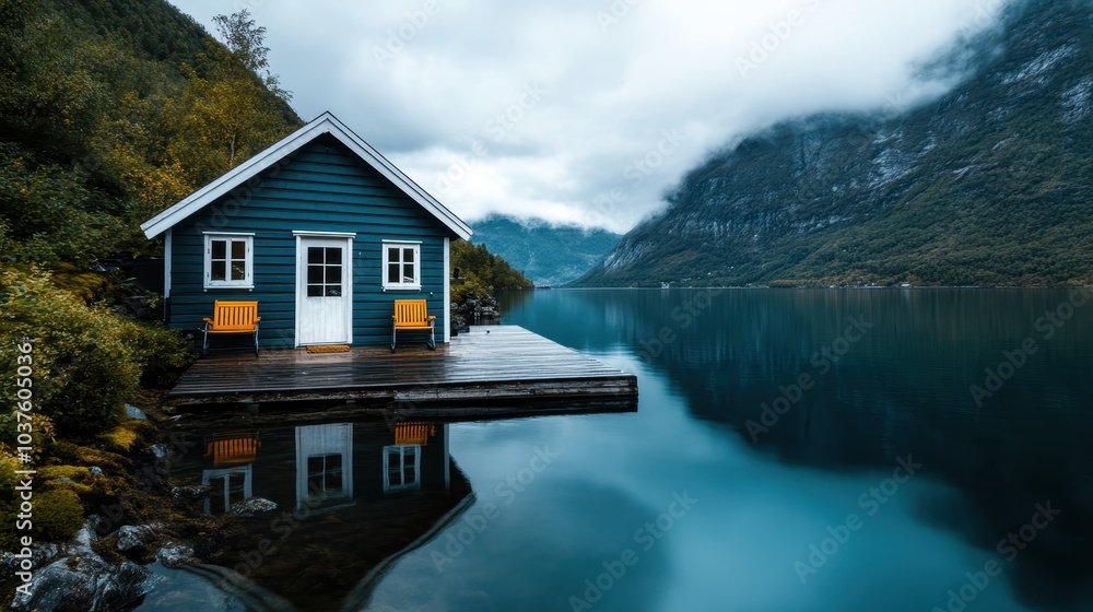 Fototapeta premium A charming blue cabin stands at the edge of a tranquil lake, overlooked by towering fog-draped mountains, creating a peaceful and majestic natural scene.