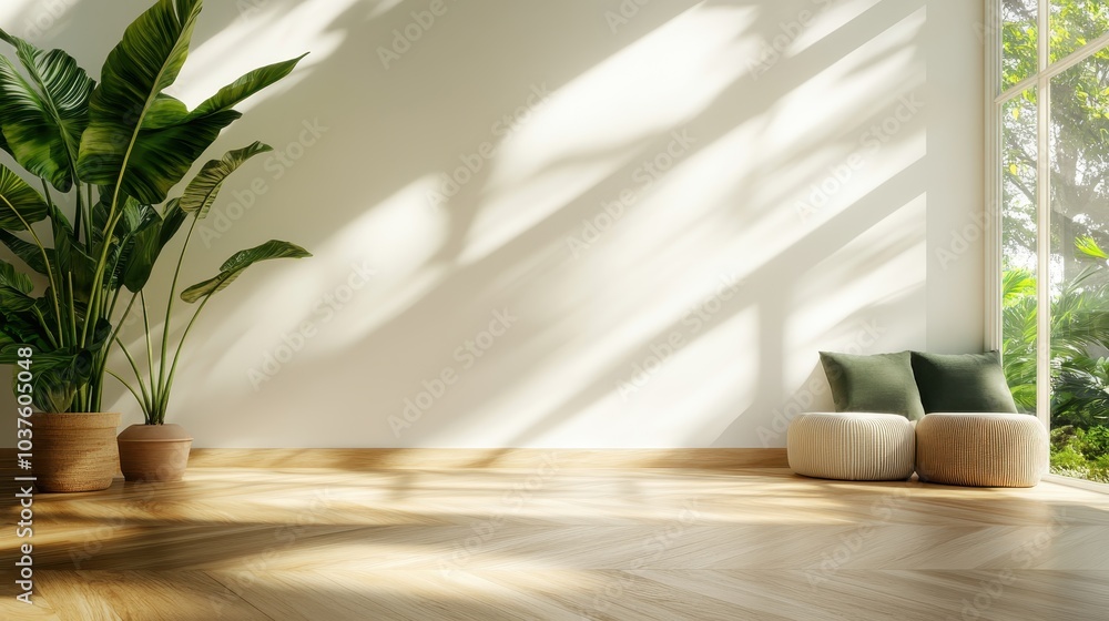 Spacious minimalist interior featuring large potted plants, floor cushions, and ample sunlight, creating a bright, airy, and tranquil space for relaxation. Spacious minimalist interior featuring large potted plants, floor cushions, and ample sunlight, creating a bright, airy, and tranquil space for relaxation.