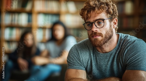 A thoughtful man with a beard wears glasses, seated in a library with blurred figures in the background, conveying an introspective and intellectual vibe.