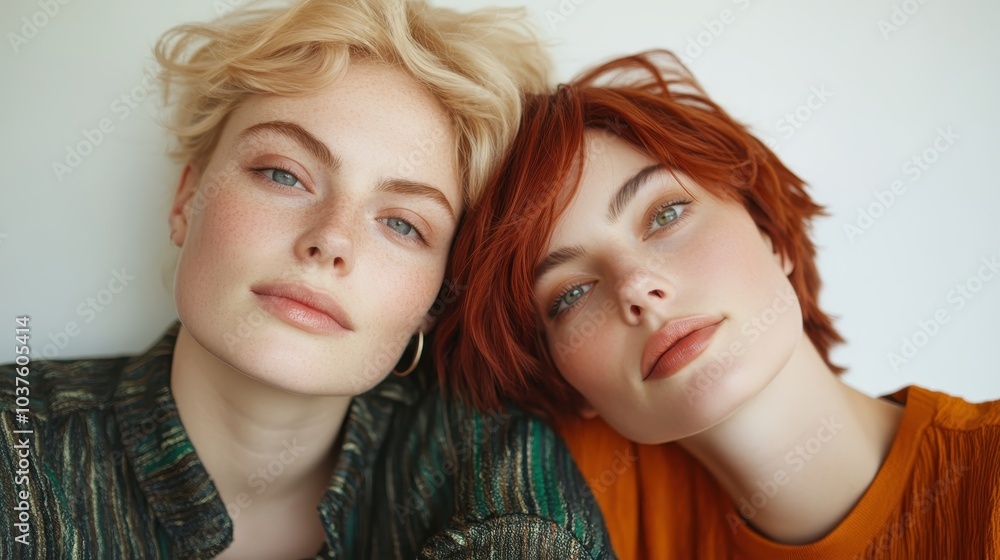 A portrait featuring two women, one with striking red hair and the other with bright blonde, symbolizing duality with gentle expressions and warm tones. A portrait featuring two women, one with striking red hair and the other with bright blonde, symbolizing duality with gentle expressions and warm tones.