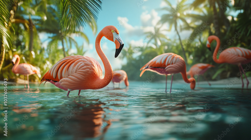 Fototapeta premium A group of flamingos wading in a shallow lagoon