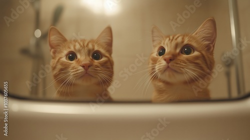 A playful cat admires its reflection in the bathroom mirror, showcasing a smirking look of pride and amusement during a charming moment