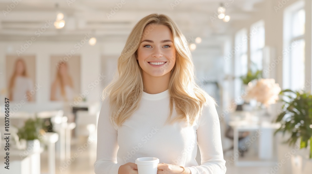 Joyful employee enjoying coffee in a bright and modern open-plan office filled with stylish furniture and inspiring decor Joyful employee enjoying coffee in a bright and modern open-plan office filled with stylish furniture and inspiring decor
