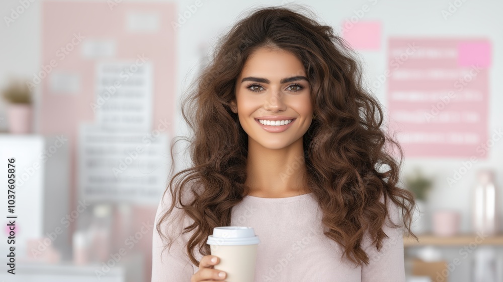 A cheerful office employee enjoys morning coffee while walking through a stylish modern workspace filled with sunlight and motivational art A cheerful office employee enjoys morning coffee while walking through a stylish modern workspace filled with sunlight and motivational art